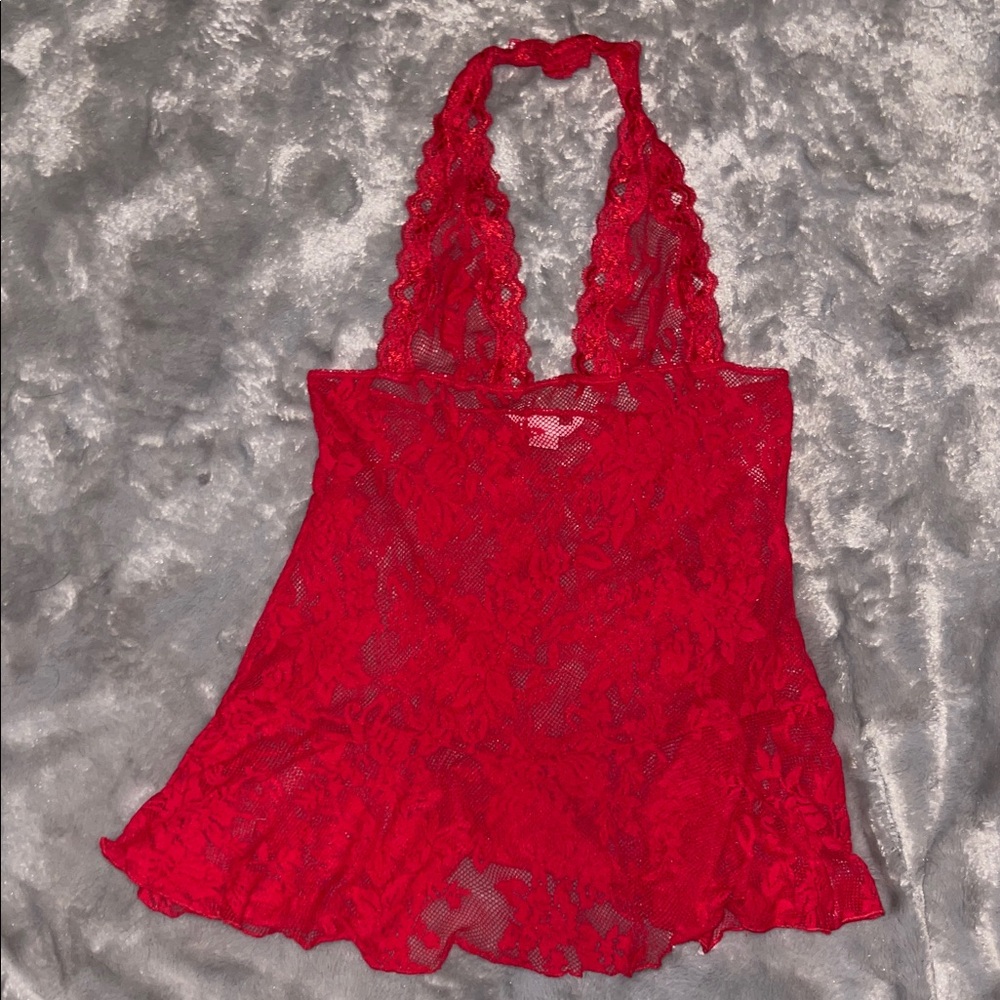 Victoria’s Secret Red Lace Halter Babydoll Lingerie Top Size M Sheer Romantic